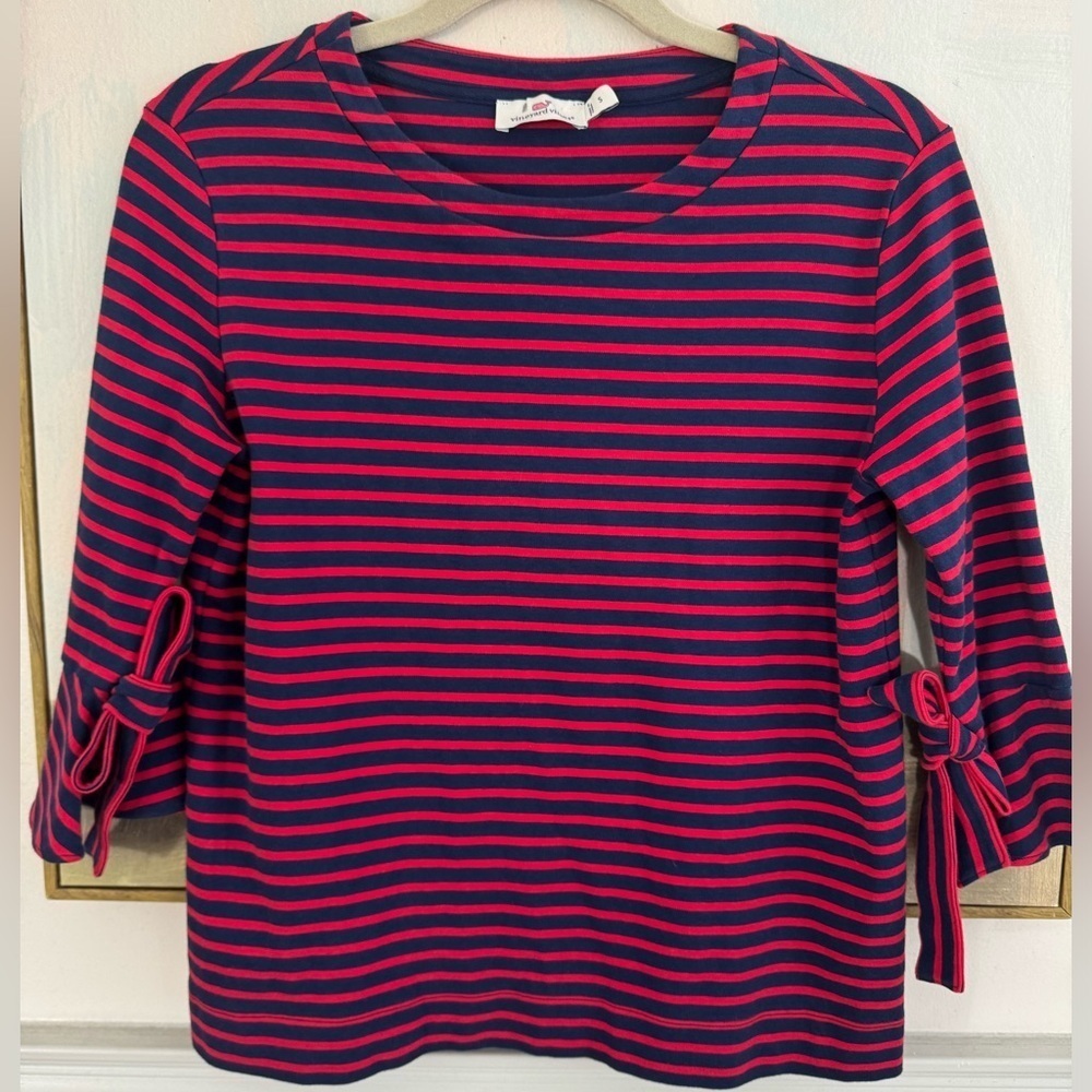 VINEYARD VINES 3/4 Length T-Shirt Striped Navy Red Bow Sleeves Size Small